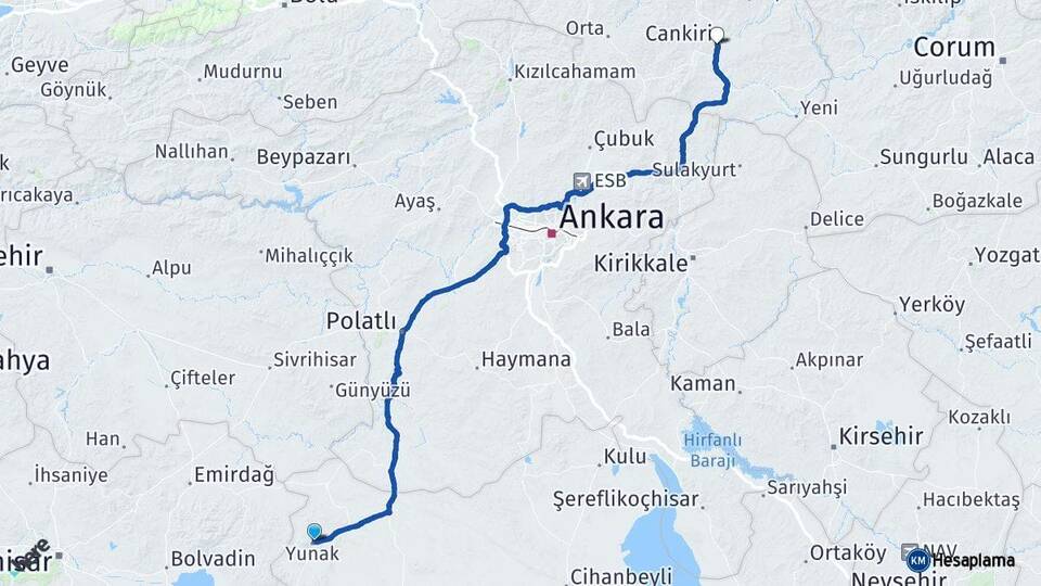 Konya Yunak Çankırı Arası Kaç Km - Yol Haritası