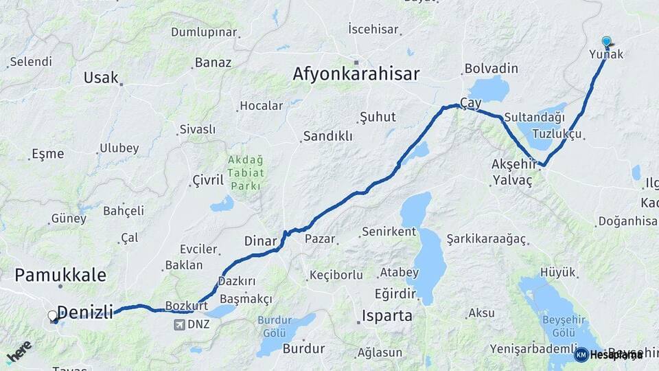Konya Yunak Denizli Arası Kaç Km - Yol Haritası