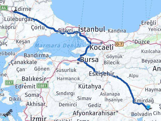 Konya Yunak Edirne Arası Kaç Km - Yol Haritası