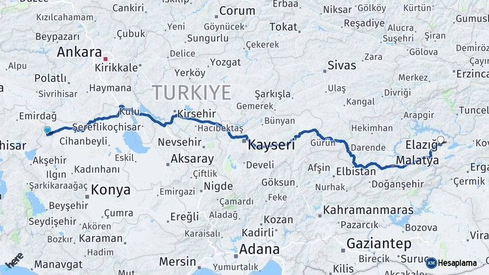 Konya Yunak Elazığ Arası Kaç Km - Yol Haritası