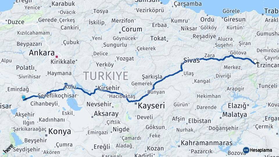 Konya Yunak Erzincan Arası Kaç Km - Yol Haritası