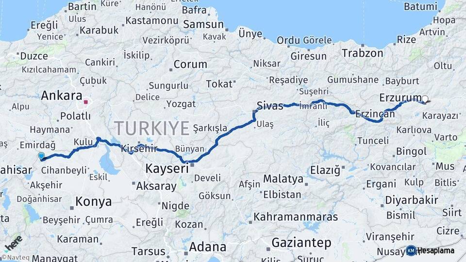Konya Yunak Erzurum Arası Kaç Km - Yol Haritası