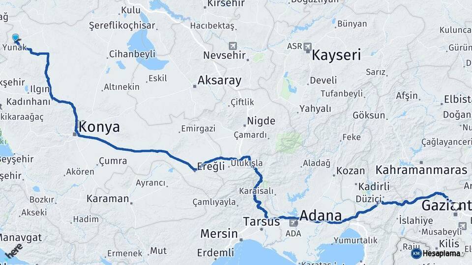 Konya Yunak Gaziantep Arası Kaç Km - Yol Haritası