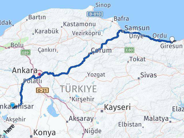 Konya Yunak Giresun Arası Kaç Km - Yol Haritası