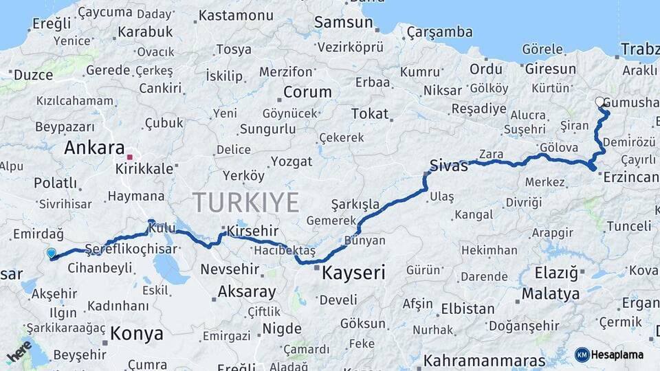 Konya Yunak Gümüşhane Arası Kaç Km - Yol Haritası