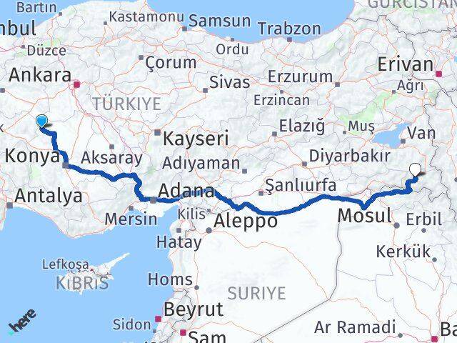 Konya Yunak Hakkari Arası Kaç Km - Yol Haritası