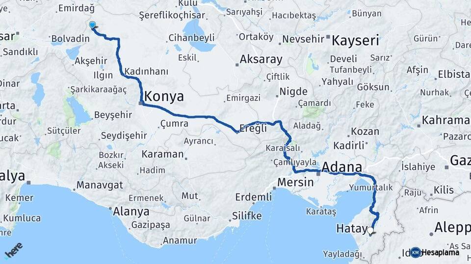 Konya Yunak Hatay Arası Kaç Km - Yol Haritası
