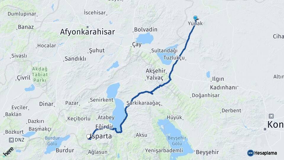 Konya Yunak Isparta Arası Kaç Km - Yol Haritası