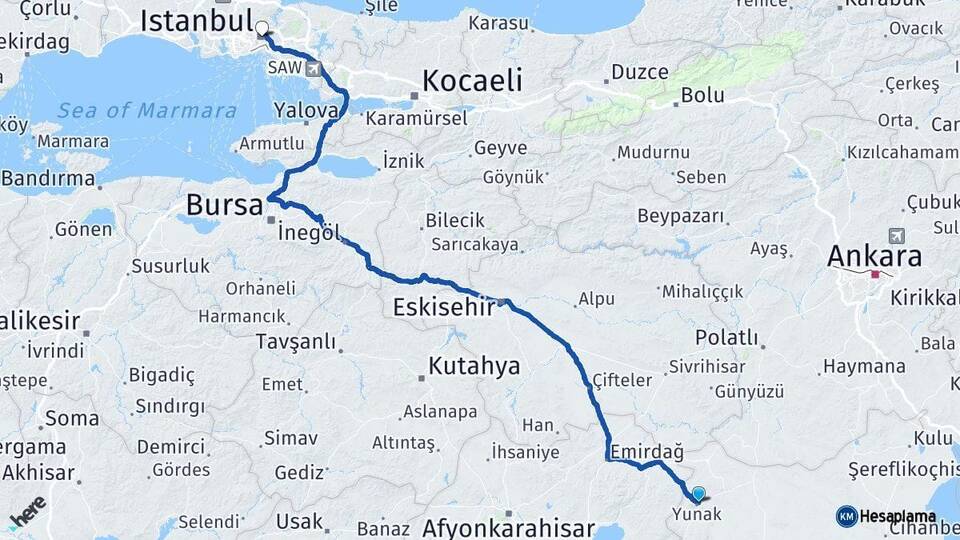 Konya Yunak İstanbul Arası Kaç Km - Yol Haritası