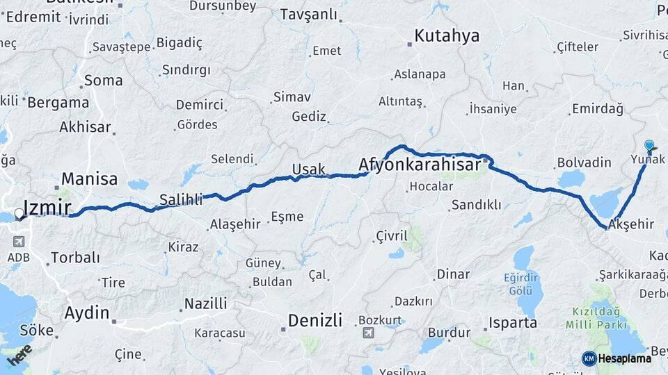 Konya Yunak İzmir Arası Kaç Km - Yol Haritası
