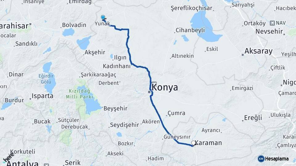Konya Yunak Karaman Arası Kaç Km - Yol Haritası