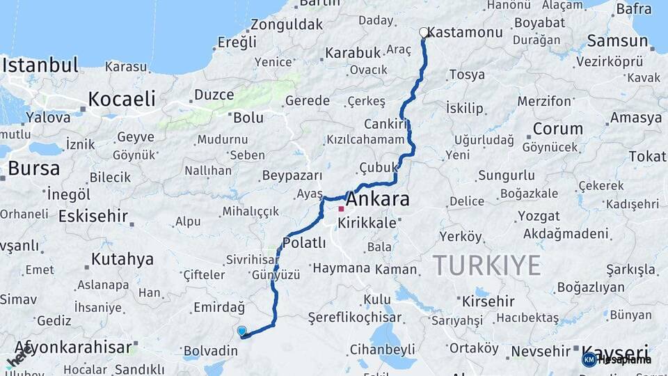 Konya Yunak Kastamonu Arası Kaç Km - Yol Haritası
