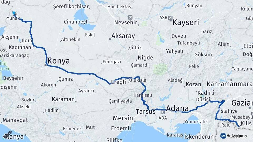 Konya Yunak Kilis Arası Kaç Km - Yol Haritası
