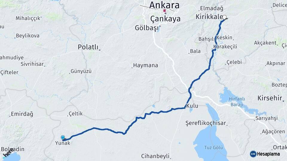 Konya Yunak Kırıkkale Arası Kaç Km - Yol Haritası