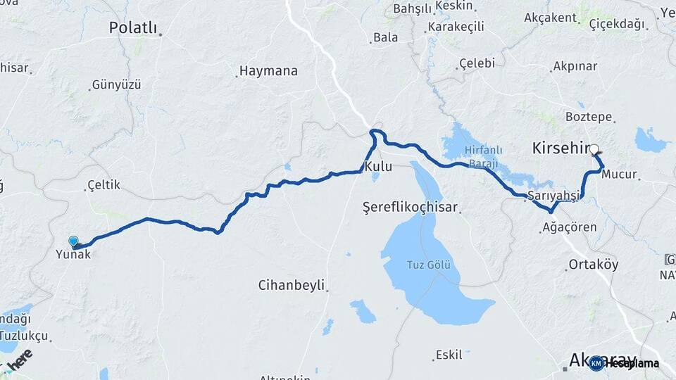 Konya Yunak Kırşehir Arası Kaç Km - Yol Haritası