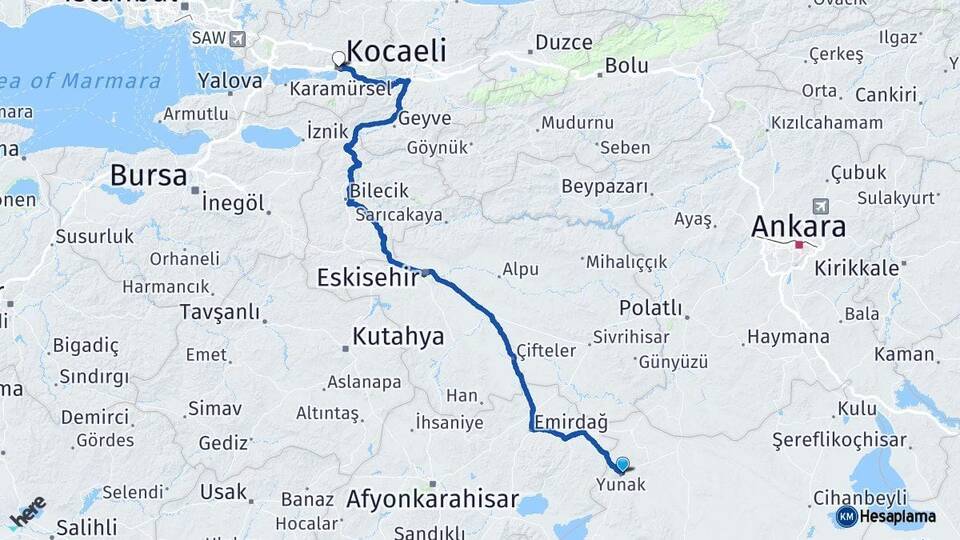 Konya Yunak Kocaeli Arası Kaç Km - Yol Haritası