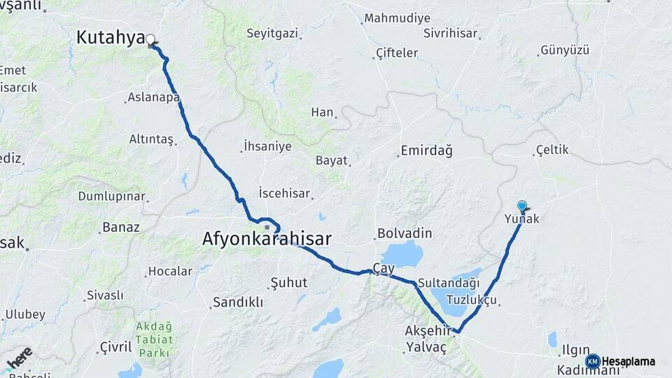 Konya Yunak Kütahya Arası Kaç Km - Yol Haritası