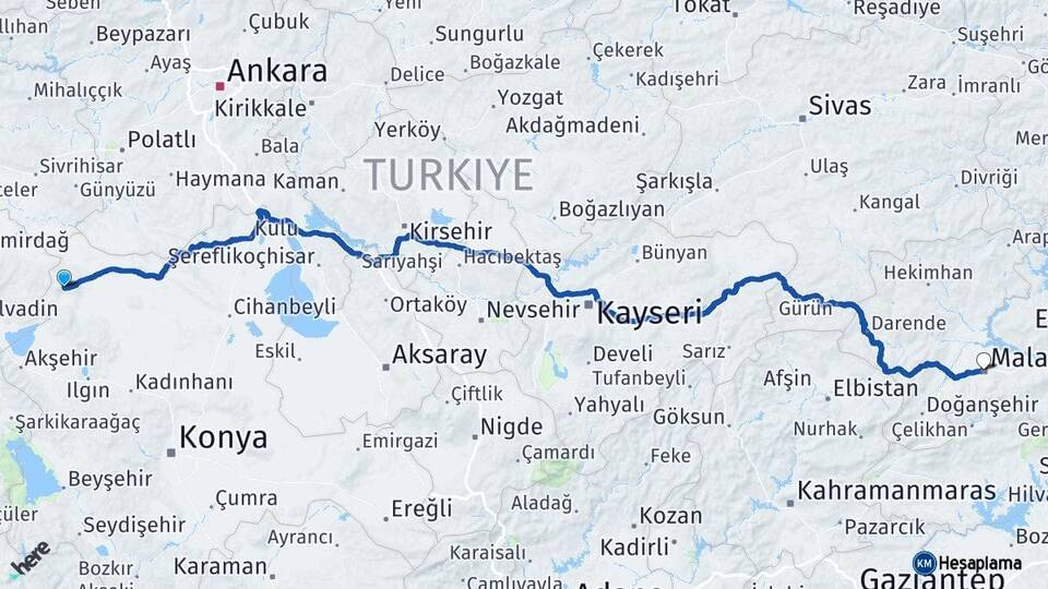 Konya Yunak Malatya Arası Kaç Km - Yol Haritası