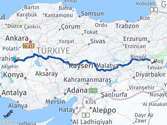Konya Yunak Muş Arası Kaç Km - Yol Haritası