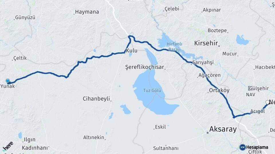 Konya Yunak Nevşehir Arası Kaç Km - Yol Haritası