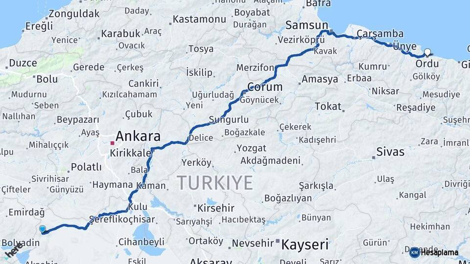 Konya Yunak Ordu Arası Kaç Km - Yol Haritası