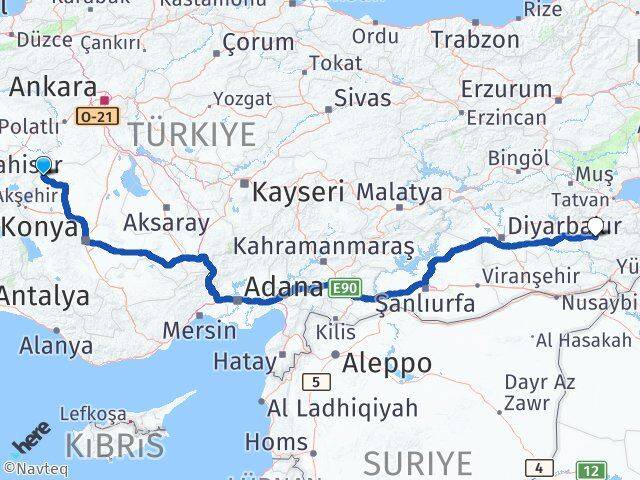 Konya Yunak Siirt Arası Kaç Km - Yol Haritası