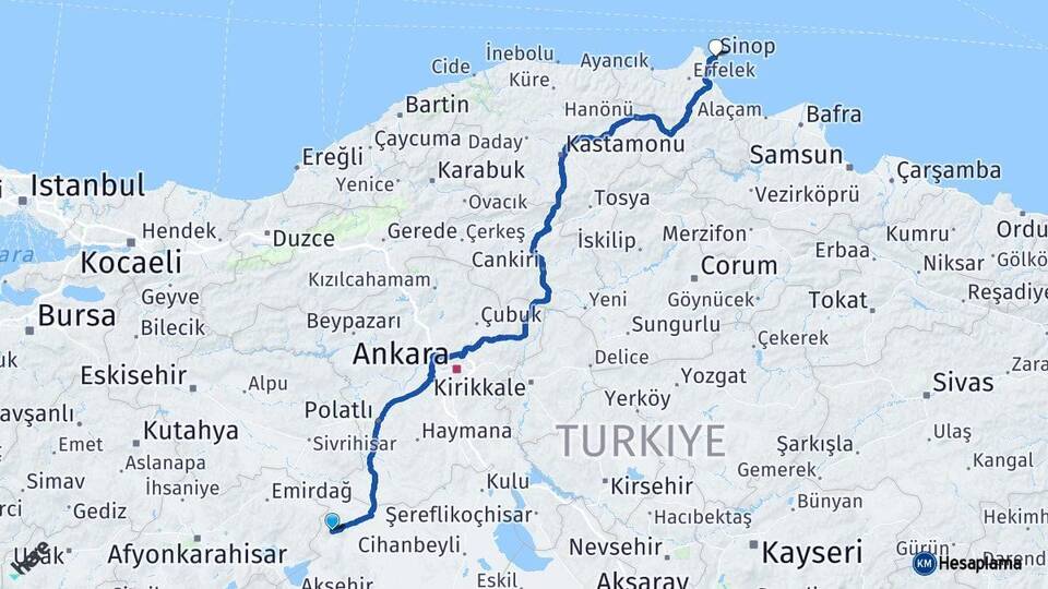 Konya Yunak Sinop Arası Kaç Km - Yol Haritası