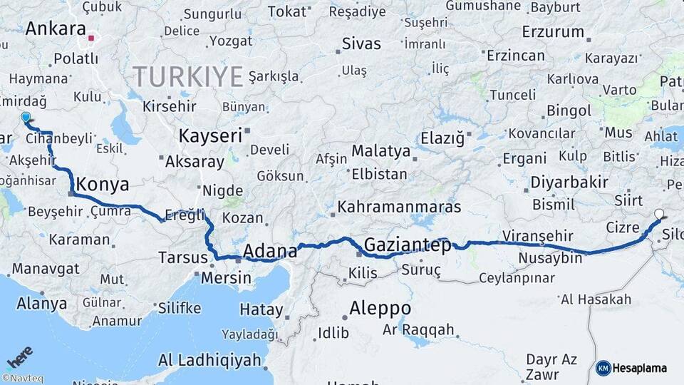 Konya Yunak Şırnak Arası Kaç Km - Yol Haritası