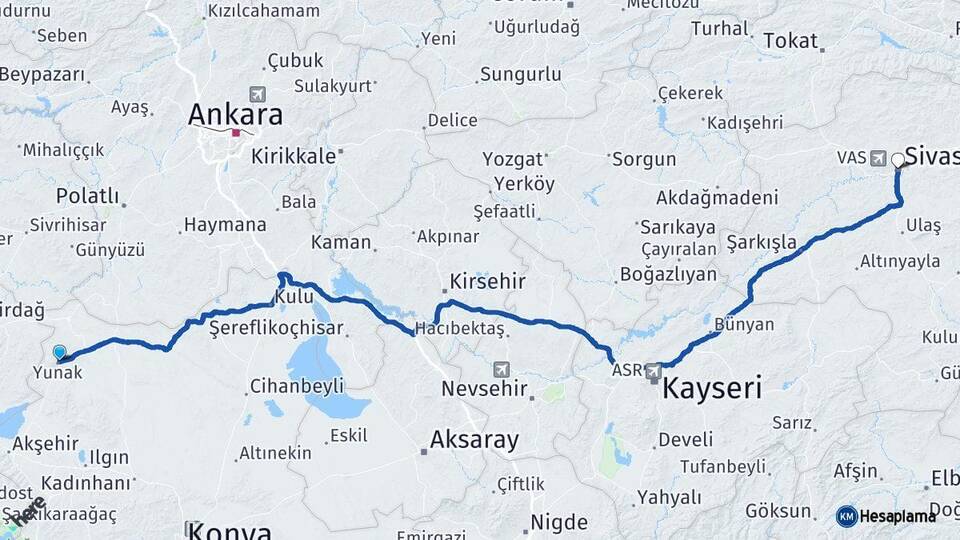 Konya Yunak Sivas Arası Kaç Km - Yol Haritası