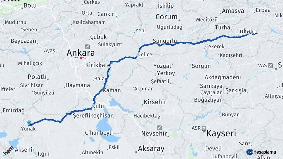 Konya Yunak Tokat Arası Kaç Km - Yol Haritası