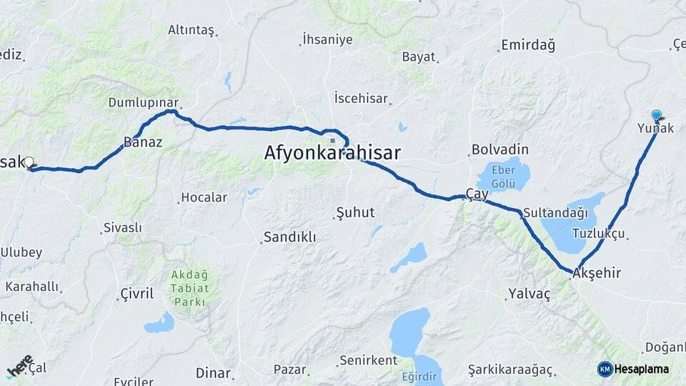 Konya Yunak Uşak Arası Kaç Km - Yol Haritası