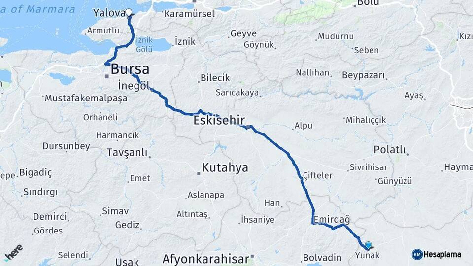 Konya Yunak Yalova Arası Kaç Km - Yol Haritası