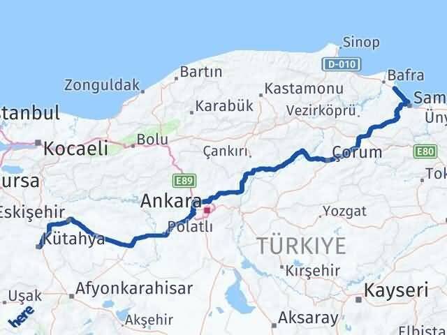 Kütahya 19 Mayıs Samsun Arası Kaç Km - Yol Haritası