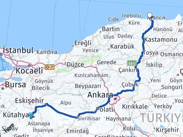 Kütahya Abana Kastamonu Arası Kaç Km - Yol Haritası