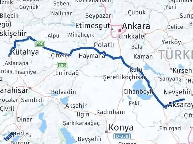 Kütahya Acıgöl Nevşehir Arası Kaç Km - Yol Haritası