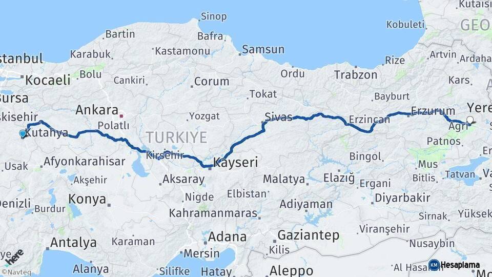 Kütahya Ağrı Arası Kaç Km - Yol Haritası
