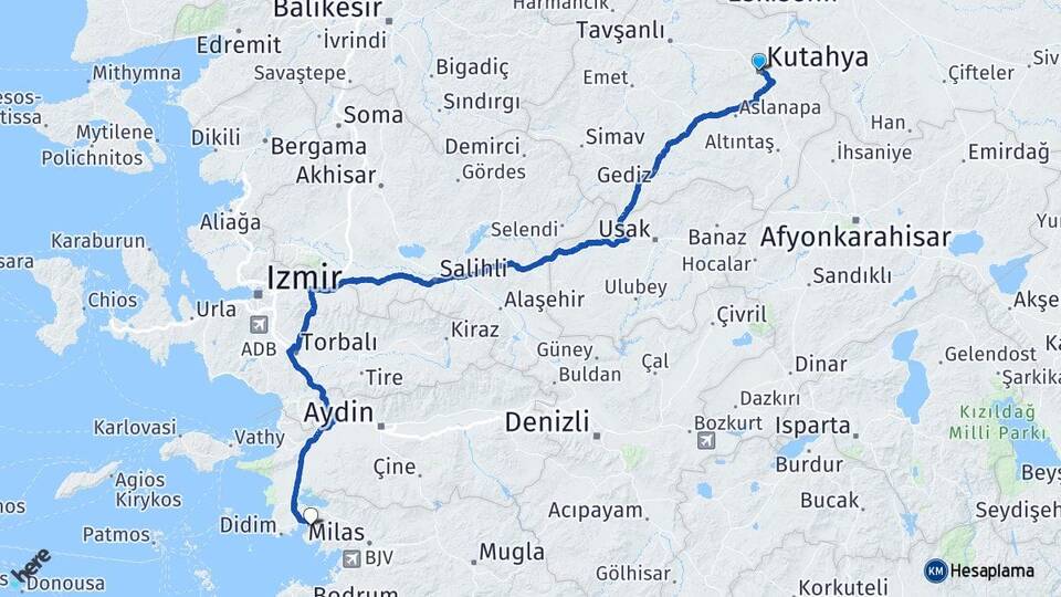 Kütahya Akbük Didim Aydın Arası Kaç Km - Yol Haritası