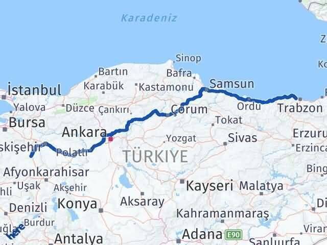 Kütahya Akçaabat Trabzon Arası Kaç Km - Yol Haritası