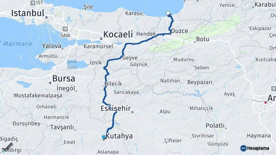 Kütahya Akçakoca Düzce Arası Kaç Km - Yol Haritası