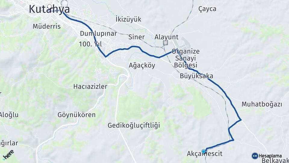 Akçamescit Kütahya Arası Kaç Km - Yol Tarifi