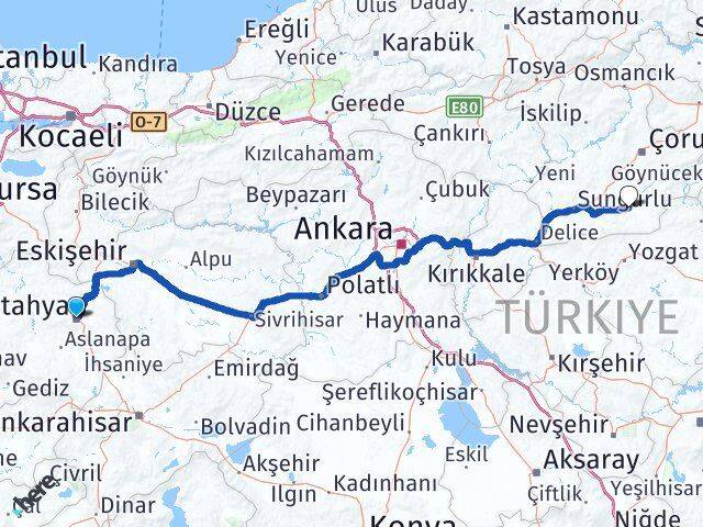 Kütahya Alaca Çorum Arası Kaç Km - Yol Haritası