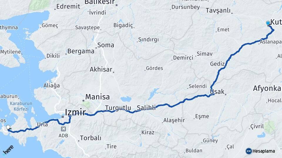 Kütahya Alaçatı Çeşme İzmir Arası Kaç Km - Yol Haritası