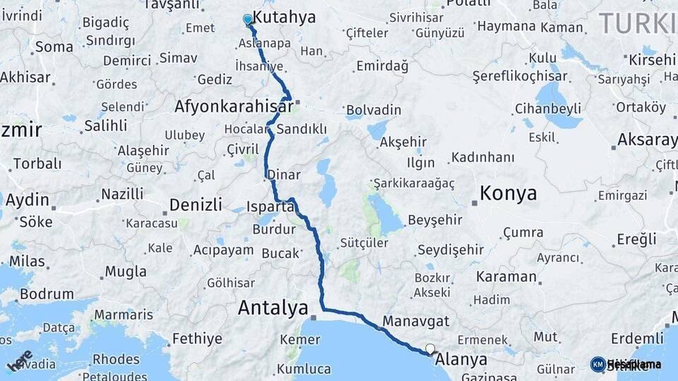 Kütahya Alanya Antalya Arası Kaç Km - Yol Haritası