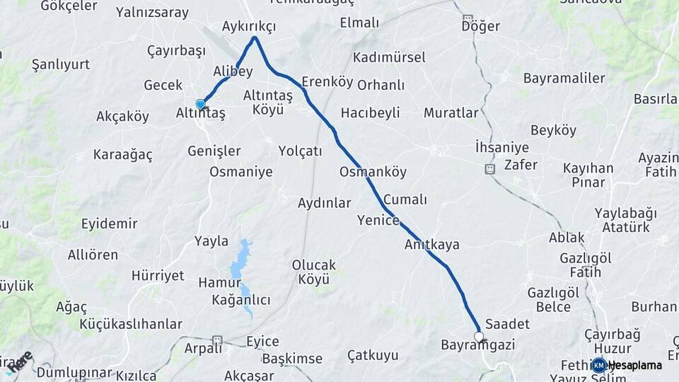 Kütahya Altıntaş Bayramgazi Afyonkarahisar Arası Kaç Km - Yol Haritası