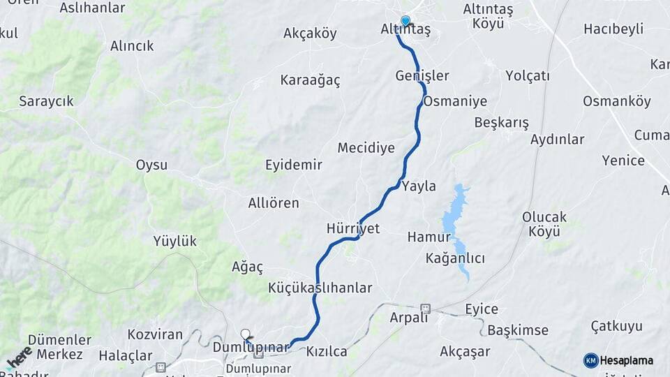 Kütahya Altıntaş Dumlupınar Arası Kaç Km - Yol Haritası