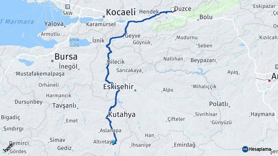 Kütahya Altıntaş Düzce Arası Kaç Km - Yol Haritası