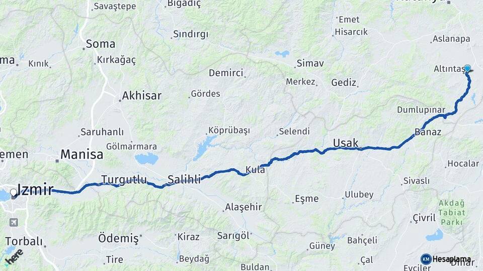 Kütahya Altıntaş İzmir Arası Kaç Km - Yol Haritası