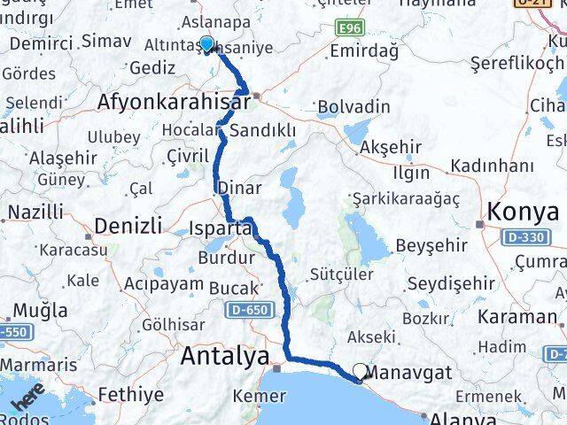 Kütahya Altıntaş Manavgat Antalya Arası Kaç Km - Yol Haritası