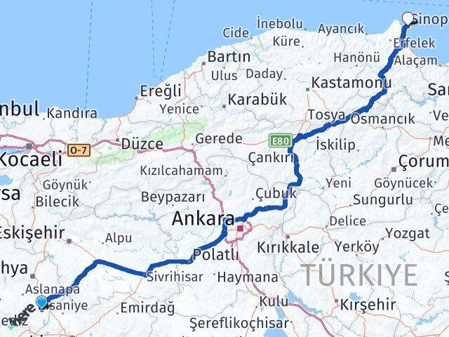 Kütahya Altıntaş Sinop Arası Kaç Km - Yol Haritası