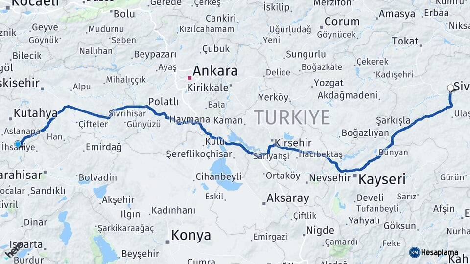 Kütahya Altıntaş Sivas Arası Kaç Km - Yol Haritası